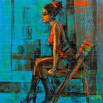 Expressionist painting titled Glancing At Desires showing a woman seated on a chair in profile against a vibrant teal background.