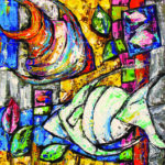 Original abstract impasto painting titled Gogh's Colorful Fishes featuring vibrant blue, yellow, and orange fish textures
