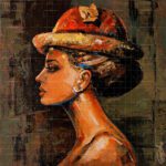 Original oil painting of a side-profile female portrait wearing an elegant warm-toned hat – Her Charm