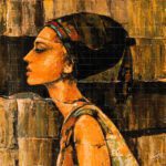 Her Elegance – Beautiful female profile painting in warm earth tones featuring expressive impasto palette knife textures and a dark headwrap.
