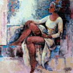 Expressive texture painting titled Her Elegance and Her Thoughts depicting a thoughtful woman seated in a white dress, rendered in rich palette knife strokes.