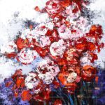 Impasto floral painting titled Her Red Roses featuring vibrant red and white roses created with heavy texture and expressive palette knife brushstrokes.