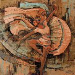 Expressive acrylic texture painting of a dynamic female dancer in motion, titled Her Aesthetic Journey - Art of Revival.