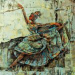 Illusion – The Fate of Love original painting depicting a graceful female dancer in mid-leap against a textured, stone-like abstract background.