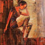 Original oil acrylic figurative painting titled In Her Dreams featuring a contemplative woman seated in warm earth tones and textured impressionist brushstrokes.