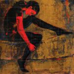 Original expressive acrylic painting In the Shadow of Sorrows- Reviving Art featuring a seated figure illuminated in vibrant red against a textured golden-ochre background.