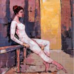 JUST LET ME inspirational artwork painting featuring a serene woman in white leaning back with a glowing golden light background.