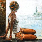 Textured painting titled Mosaics of Mirror depicting a woman sitting near a ledge looking out over calm waters toward a distant lighthouse.