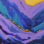 Vibrant abstract acrylic landscape painting of the Grand Canyon featuring cool purple, teal, and blue canyon layers with warm yellow and gold accent highlights.