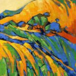 Original expressionist landscape painting titled "My Beautiful Grand Canyon" featuring vibrant blue, green, and warm yellow brushstrokes depicting canyon rock formations.