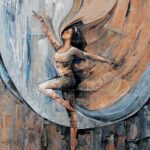 Expressionist oil painting titled Mystically Beautiful Herself- Loving You featuring a woman dancing gracefully with flowing drapery in blue and beige tones.