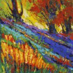 Impressionist landscape oil painting titled Painting Of Beautiful Grand Canyon featuring vibrant blue, red, and golden yellow textured brushstrokes.