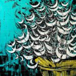Abstract painting titled The Relations featuring white crescent shapes on a vibrant turquoise, black, and yellow background.