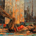 Modern palette knife painting titled Remembering You My Love featuring a reclined woman in a red outfit against textured abstract background.