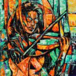 Abstract expressionist acrylic painting titled Slash - The Burning Lost Love featuring a musician playing a violin with warm orange and teal palette knife textures.