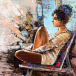 This painting Somewhere in your Contemporary expressionist acrylic painting titled Somewhere in your thoughts showing a thoughtful curly-haired woman seated in deep contemplation.