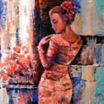 Original impasto palette knife acrylic painting titled The Dynamic Beauty featuring a woman in a red off-shoulder dress looking down against a textured blue and gold backdrop.