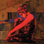 Original acrylic canvas painting titled "The Emergence of Calmness - Art for Life" depicting a woman sitting in a introspective posture in rich red, warm orange, and deep blue tones.