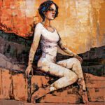 Original expressive acrylic painting titled "The Sense of Beloved" featuring a woman in a white outfit seated against a warm, textured orange and gold backdrop.