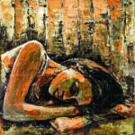 Original fine art painting titled The Unworthy Tragedy depicting a figure lying curled in sorrow with textured palette knife brushstrokes in earthy orange and dark tones.