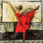 The Art of Elegance - original acrylic dance painting featuring a ballerina in a vibrant red dress in mid-leap movement.