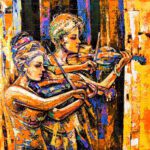 Impressionist painting of two women playing violins titled The Ballad of Life Song - Musical Art.
