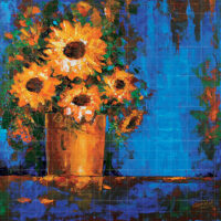 Original textured acrylic floral painting titled The Beautiful Daisy Flowers featuring vibrant yellow floral bouquet in a copper vase against a cobalt blue background.