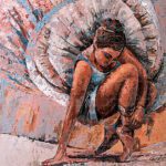 Original acrylic texture painting of a sitting ballerina titled The Beautiful Desire - Lost Connections featuring blue dress accents, textured tutu, and palette knife impasto details.