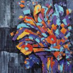 Abstract floral acrylic painting titled "The Beautiful Floral Painting - Nature Artwork" featuring textured strokes of purple, orange, turquoise, yellow, and red on a dark grey canvas.