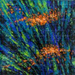 Abstract nature painting titled 'The Beautiful Garden' featuring vibrant orange floral impasto brushstrokes against a cool blue and green background.