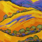 Vibrant abstract landscape painting titled The Beautiful Grand Canyon featuring rolling golden hills, bold purple shadows, and green trees.