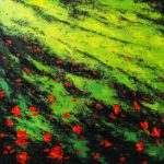 The Beauty of Beloved Nature - Meditation Painting featuring dynamic green palette-knife textures and bright red floral brushstrokes on dark canvas.