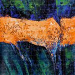 Abstract nature painting titled The Blissful Fields featuring vibrant textured orange fields amidst deep blue and green hues.