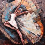 The Celestial Girl, an expressive palette knife acrylic painting featuring a female dancer in a white dress performing in a dynamic circular motion.