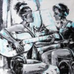 Black and white acrylic painting titled The Chords of Romance featuring a woman playing an acoustic guitar next to a female artist painting at an easel with light cyan highlights.