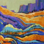 Original oil painting depicting the vibrant desert landscape of the Grand Canyon, featuring bold expressionistic strokes in bright orange, yellow, deep violet, and turquoise blue hues.