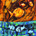 The Dancing Fishes original painting featuring textured blue, orange, and gold acrylic fish in rhythmic underwater motion.