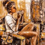 The Disillusioned Love original figurative acrylic painting of a contemplative woman holding a cup in rich sepia ochre tones.
