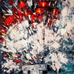 Abstract textured oil painting of vivid red and white flowers in a vase titled The Eternal Flower Flask – Art for decoration.