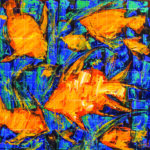 Vibrant acrylic painting titled "The Fishes of Fortune" featuring textured golden-yellow fish swimming in deep blue and turquoise underwater currents.