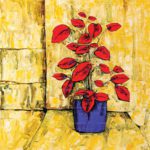 Original modern fine art painting titled The Flowers of Vincent featuring vivid red leaves plant in a deep blue pot set against a textured yellow palette knife background.