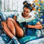 Original impasto oil painting titled The Girl With Elegance depicting a young woman reading on a sofa.