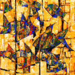Abstract fish painting titled The Golden Desire with textured gold yellow geometric patterns and colorful blue green fish elements.