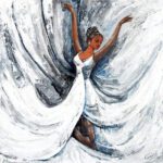 Expressive painting titled "The Healing Beauty - Art of Love" featuring a graceful woman dancing in a flowing white dress with textured silver and blue brushstrokes.