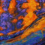 Abstract nature painting titled The Holy Tree featuring bold vibrant orange, deep purple, and rich blue palette knife textures.