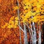 Original oil painting "The Lovely Autumn – Art for Seasons" featuring vibrant golden yellow aspen trees set against a textured warm amber and copper forest backdrop.