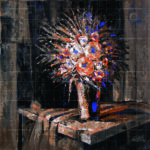 The Mesmerizing Flower Pot original textured acrylic floral painting featuring vibrant orange and blue blossoms on a dark background