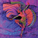 Abstract acrylic painting titled The Mnemonic Love featuring a graceful dancing female figure surrounded by fluid pink, green, and purple palette knife textures.