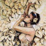 Impasto oil painting titled "The Morning Wind" depicting a woman reaching into golden autumn leaves with visible palette knife texture.