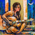 "The Night and Her Desires" expressionist acrylic painting featuring a seated woman playing guitar under a crescent moon.